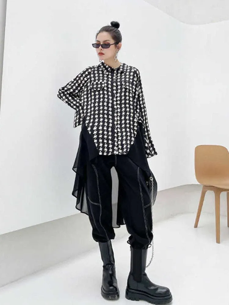 Button-down Cotton & Chiffon Print Blouse Long Sleeve w/ Chiffon Skirt in BLK/WHT