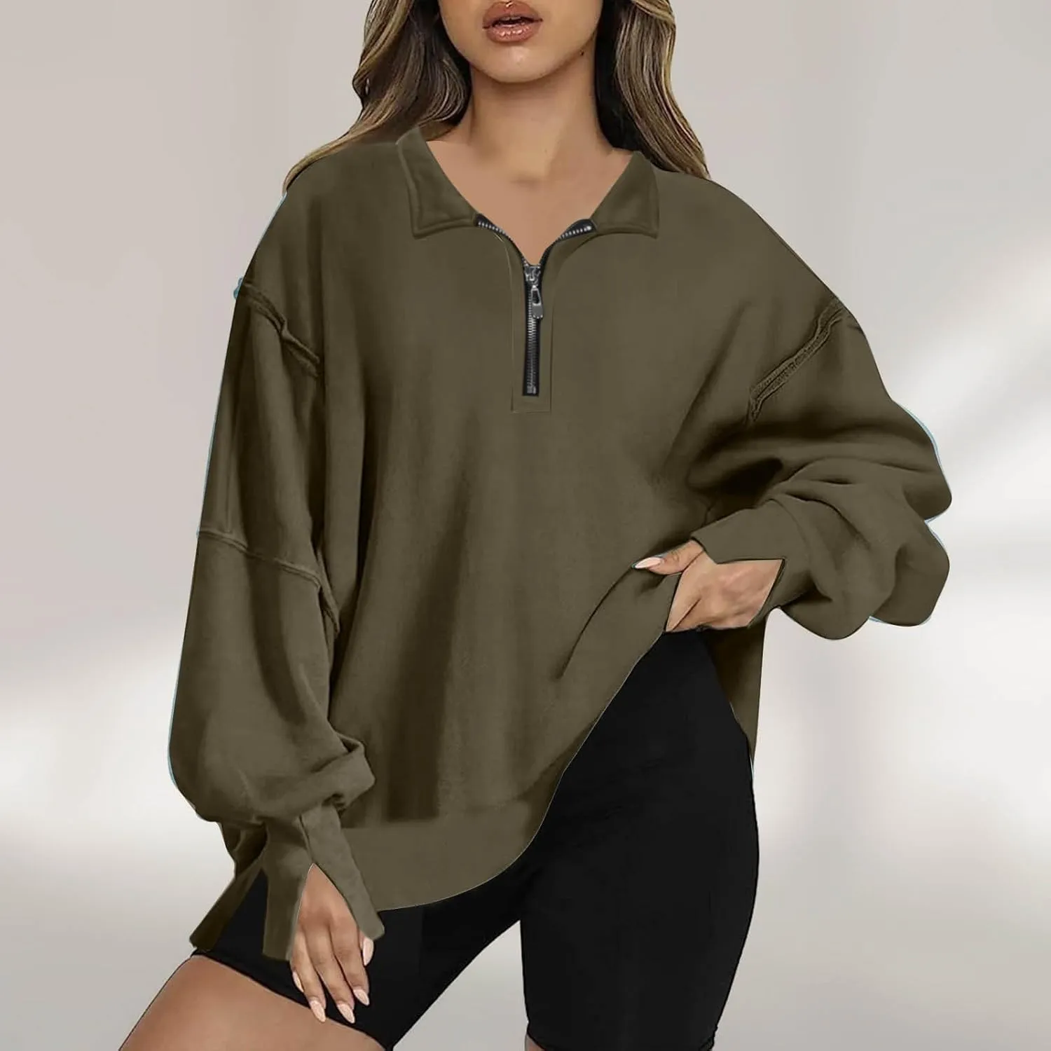 Ceboyel Oversized Sweatshirts for Women Loose Fit Zip Up Hoodie Sweatshirt Split Corded Pullover Tops Fashion Trendy Clothes