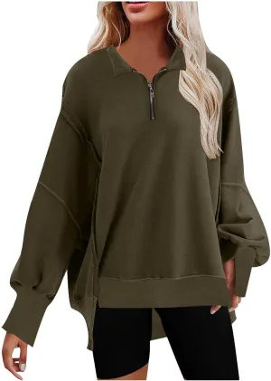 Ceboyel Oversized Sweatshirts for Women Loose Fit Zip Up Hoodie Sweatshirt Split Corded Pullover Tops Fashion Trendy Clothes
