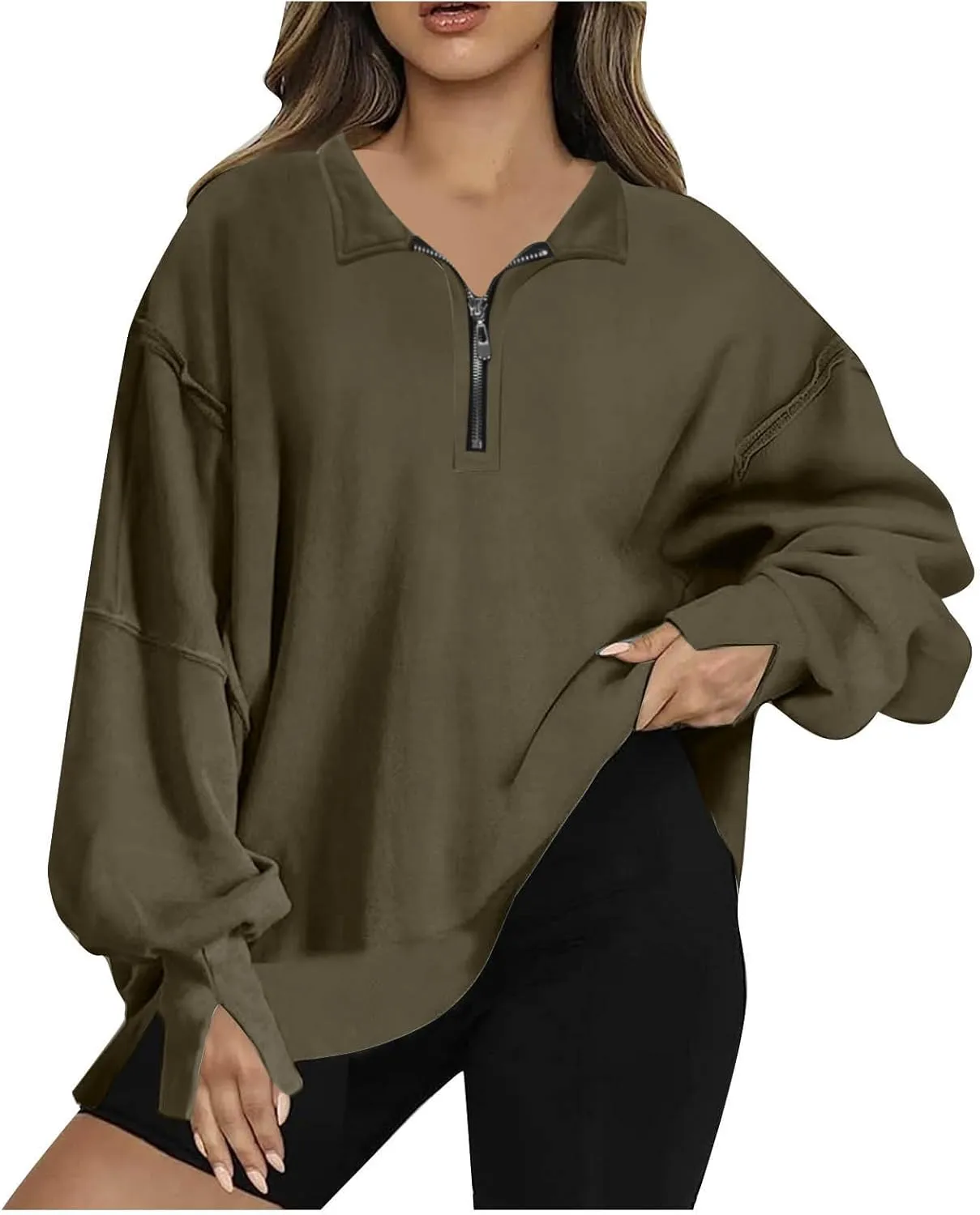 Ceboyel Oversized Sweatshirts for Women Loose Fit Zip Up Hoodie Sweatshirt Split Corded Pullover Tops Fashion Trendy Clothes