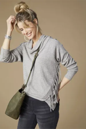 Coco   Carmen Ivy Long Sleeve Cowl Neck with Side Fringe Sweater Top