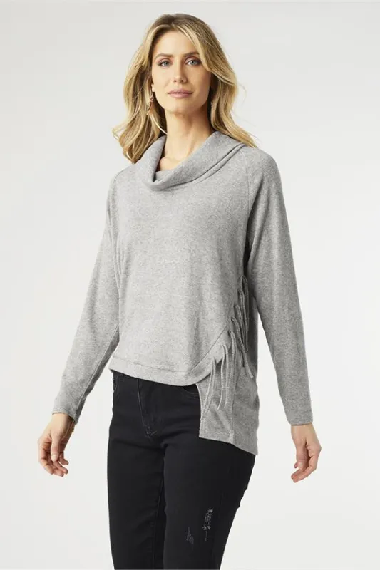 Coco   Carmen Ivy Long Sleeve Cowl Neck with Side Fringe Sweater Top
