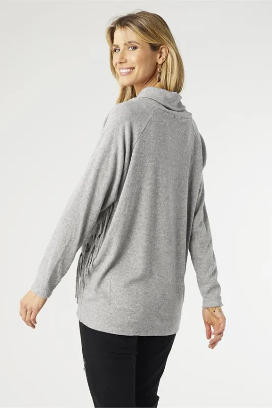 Coco   Carmen Ivy Long Sleeve Cowl Neck with Side Fringe Sweater Top