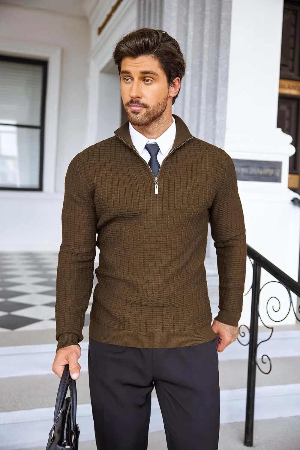 COOFANDY Men's Quarter Zip Sweaters Slim Fit Lightweight Cotton Knitted Casual Mock Neck Pullover Sweaters