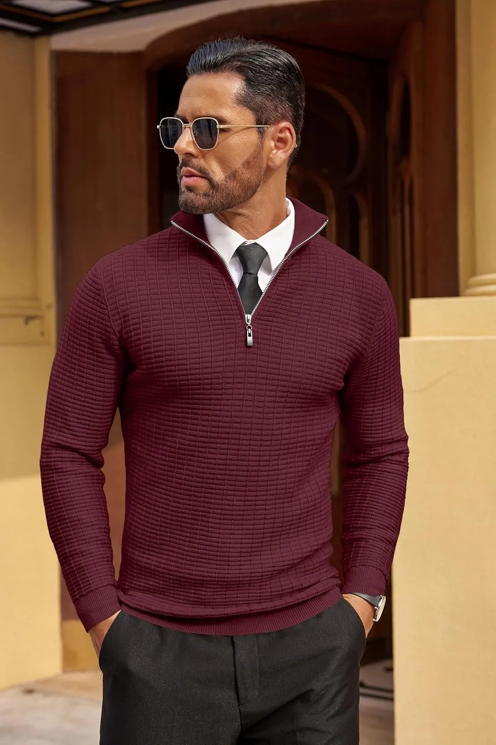 COOFANDY Men's Quarter Zip Sweaters Slim Fit Lightweight Cotton Knitted Casual Mock Neck Pullover Sweaters