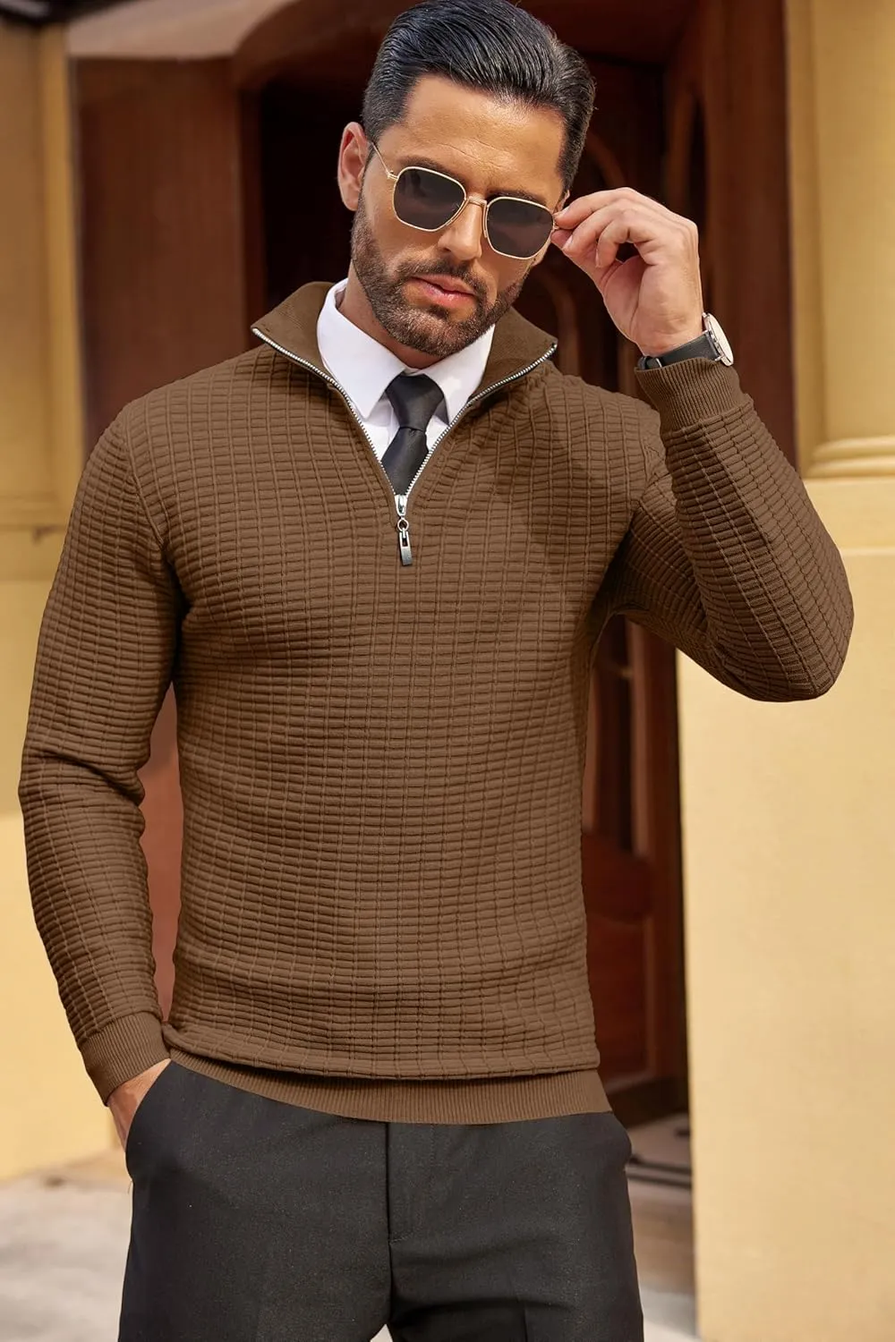 COOFANDY Men's Quarter Zip Sweaters Slim Fit Lightweight Cotton Knitted Casual Mock Neck Pullover Sweaters