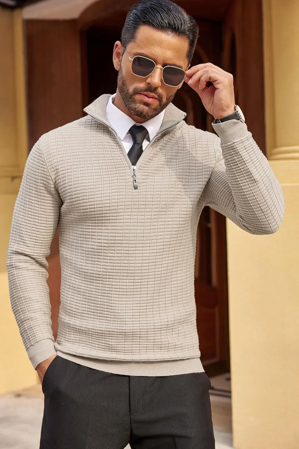 COOFANDY Men's Quarter Zip Sweaters Slim Fit Lightweight Cotton Knitted Casual Mock Neck Pullover Sweaters