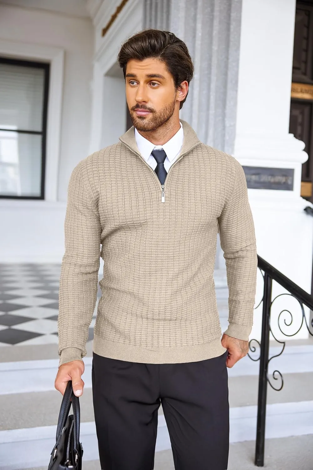 COOFANDY Men's Quarter Zip Sweaters Slim Fit Lightweight Cotton Knitted Casual Mock Neck Pullover Sweaters