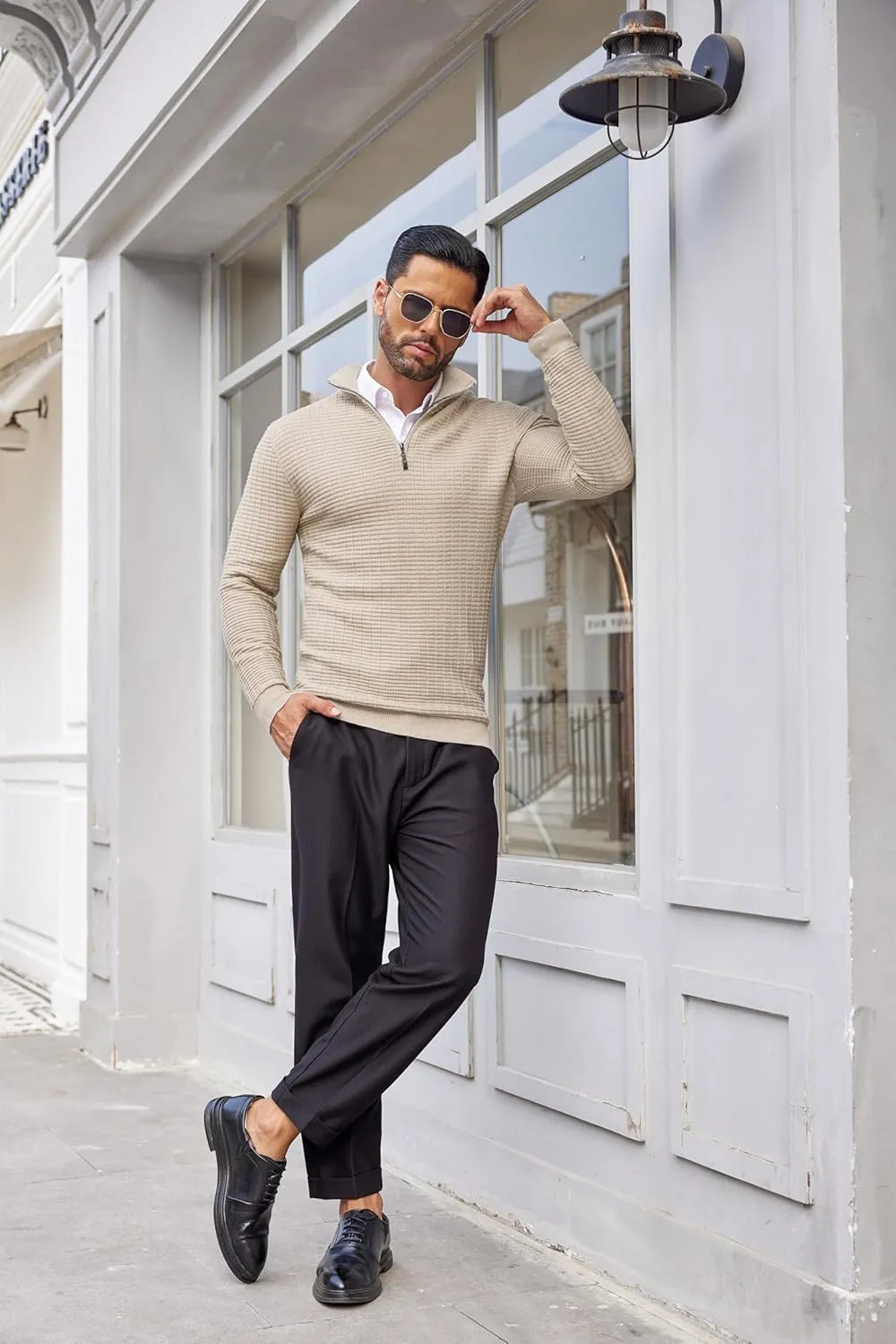 COOFANDY Men's Quarter Zip Sweaters Slim Fit Lightweight Cotton Knitted Casual Mock Neck Pullover Sweaters