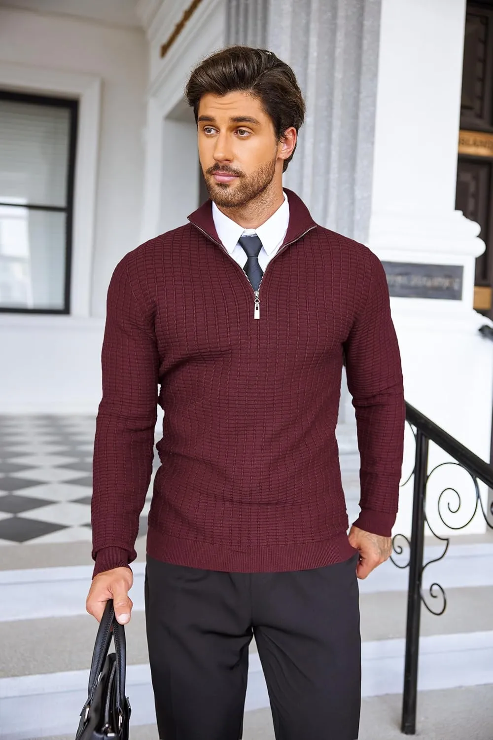 COOFANDY Men's Quarter Zip Sweaters Slim Fit Lightweight Cotton Knitted Casual Mock Neck Pullover Sweaters