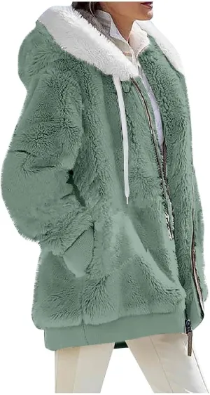 COTECRAM Winter Coats for Women 2023 Casual Plus Size Fleece Jacket Color Block Zip Up Hoodies Coat Outwear with Pockets