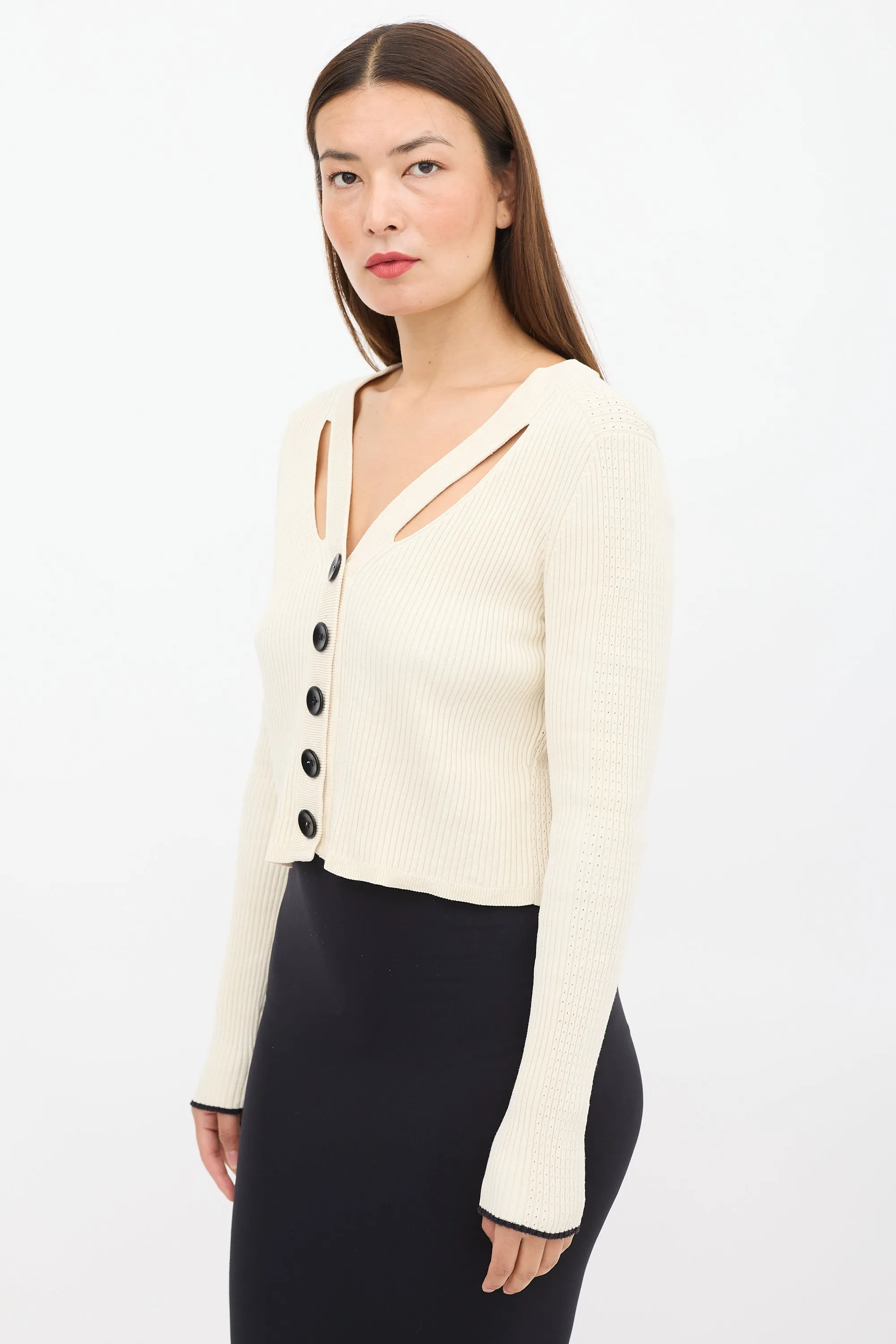 Cream Silk Ribbed Cut Out Cardigan