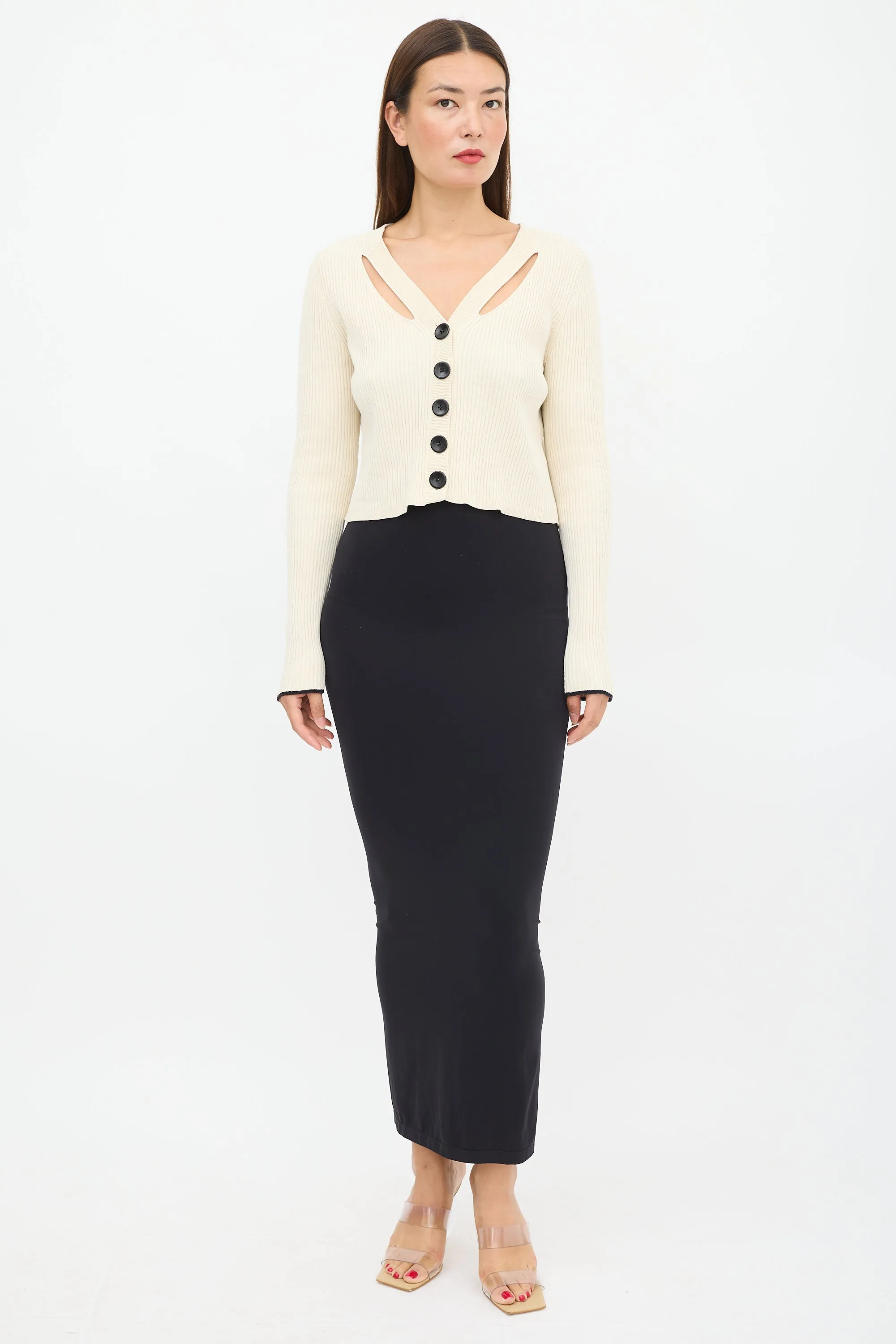 Cream Silk Ribbed Cut Out Cardigan
