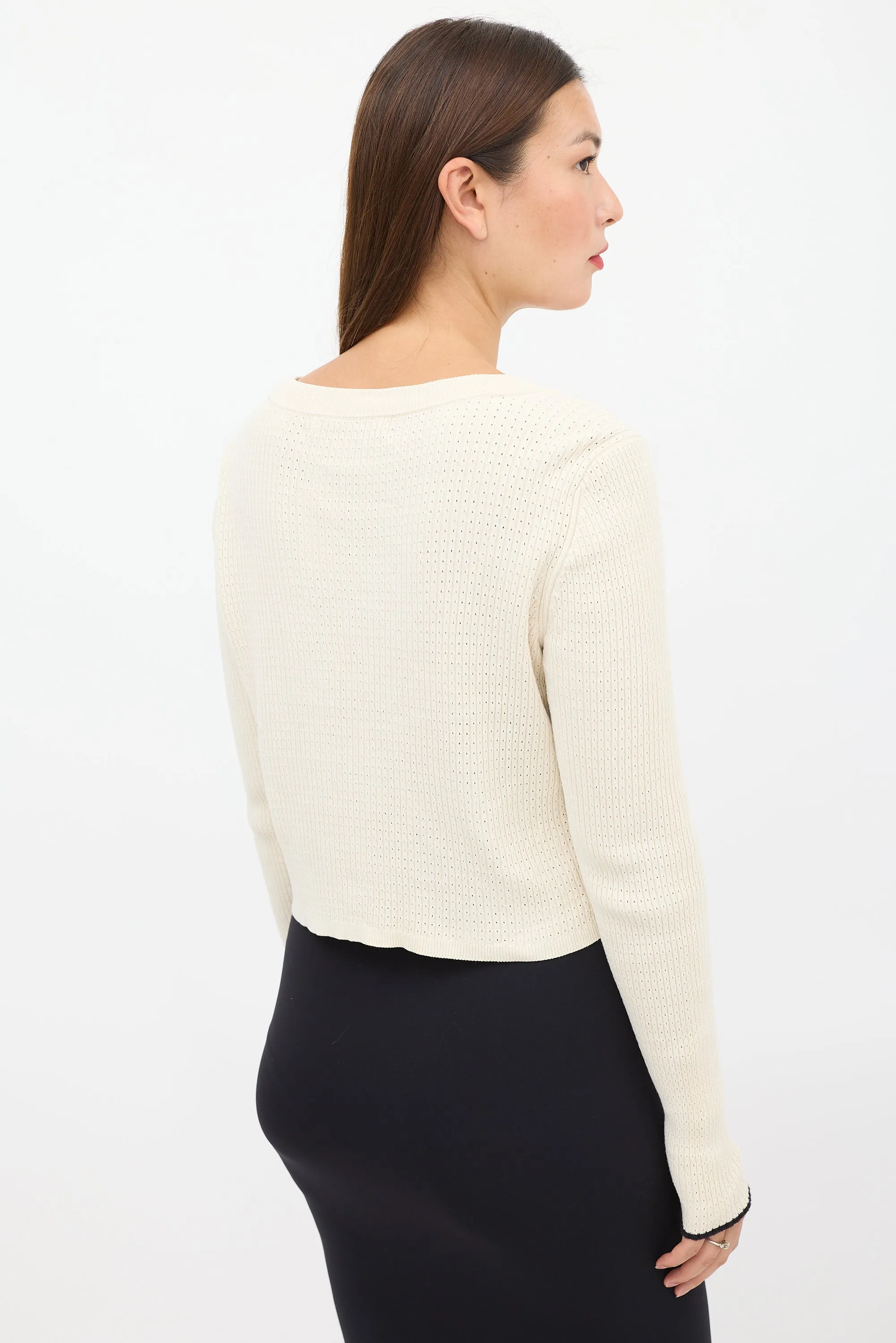 Cream Silk Ribbed Cut Out Cardigan