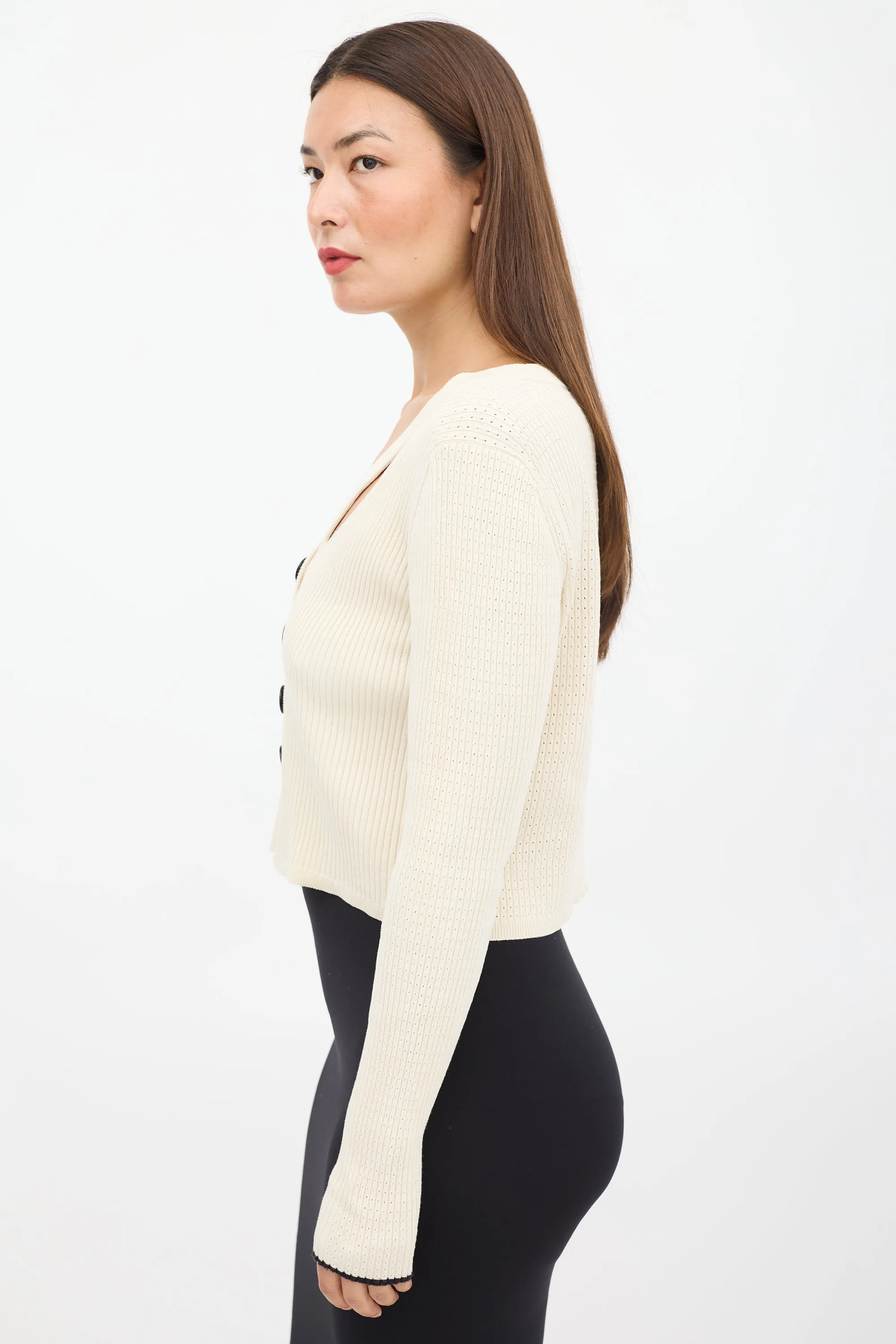Cream Silk Ribbed Cut Out Cardigan