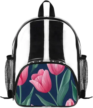 Customizable Clear Backpack for Women Men,Clear Bag for Stadium Events With Waterproof PVC Plastic Material,Graceful Tulips - M
