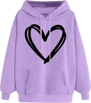 Cute Hooded Sweatshirt For Women 2024 Casual Long Sleeve Heart Graphic Hoodies Loose Comfy Fall Fashion Pullovers