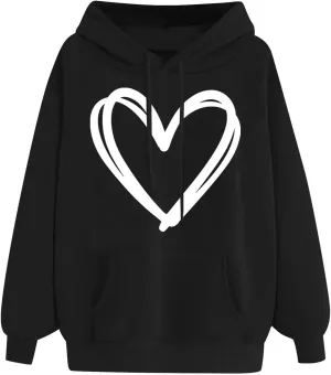 Cute Hooded Sweatshirt For Women 2024 Casual Long Sleeve Heart Graphic Hoodies Loose Comfy Fall Fashion Pullovers
