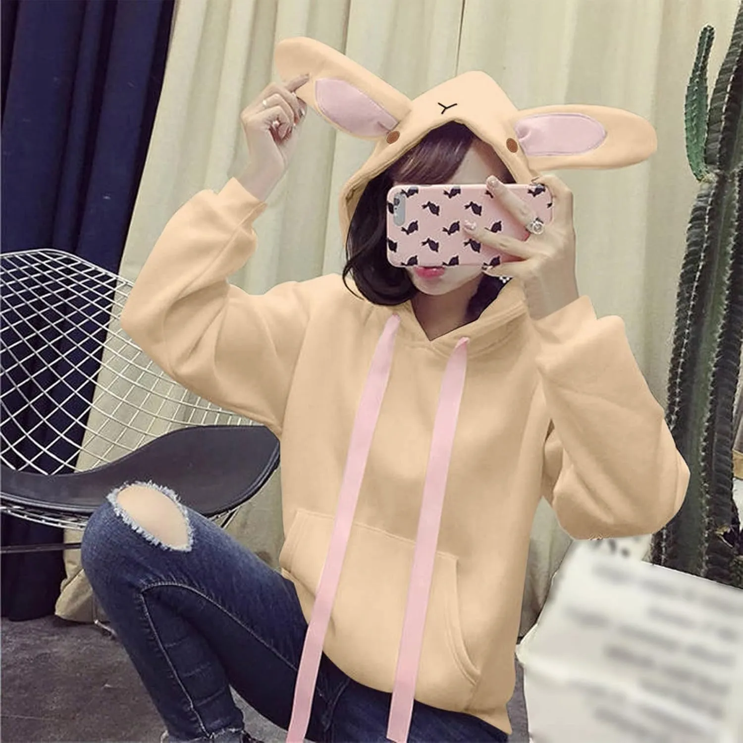 Cute Hoodies For Women Oversized Y2K Pullover Bunny Ear Hooded Sweatshirts With Pockets Long Sleeve Outfits Fall Clothes 2023