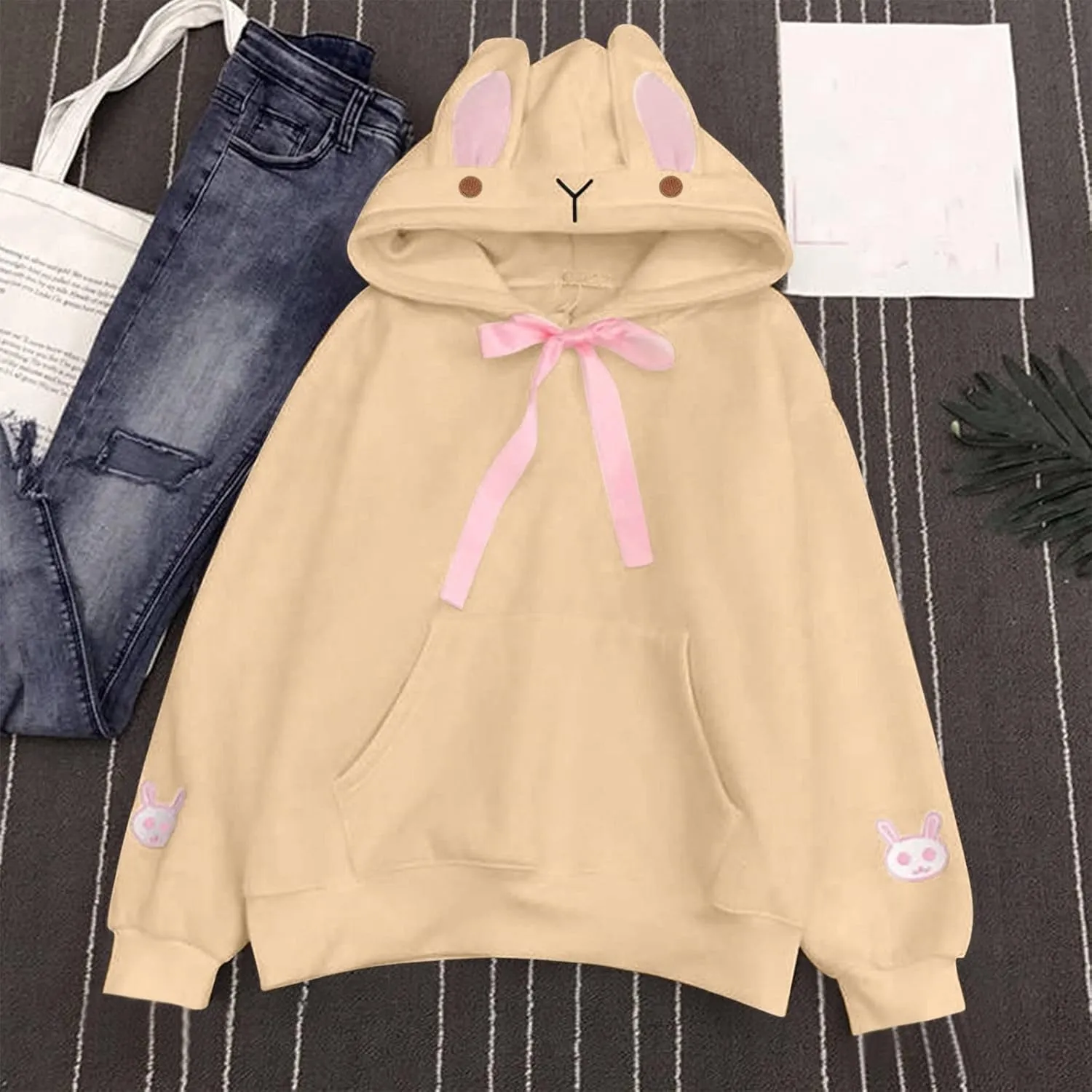 Cute Hoodies For Women Oversized Y2K Pullover Bunny Ear Hooded Sweatshirts With Pockets Long Sleeve Outfits Fall Clothes 2023