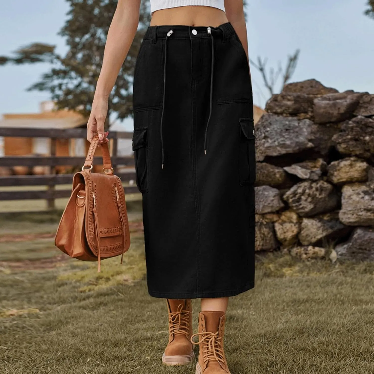 Denim Skirt for Women Cargo Drawstring Elastic Midi High Waisted Jean Skirt Vintage Y2K Retro Cute Summer Outfit