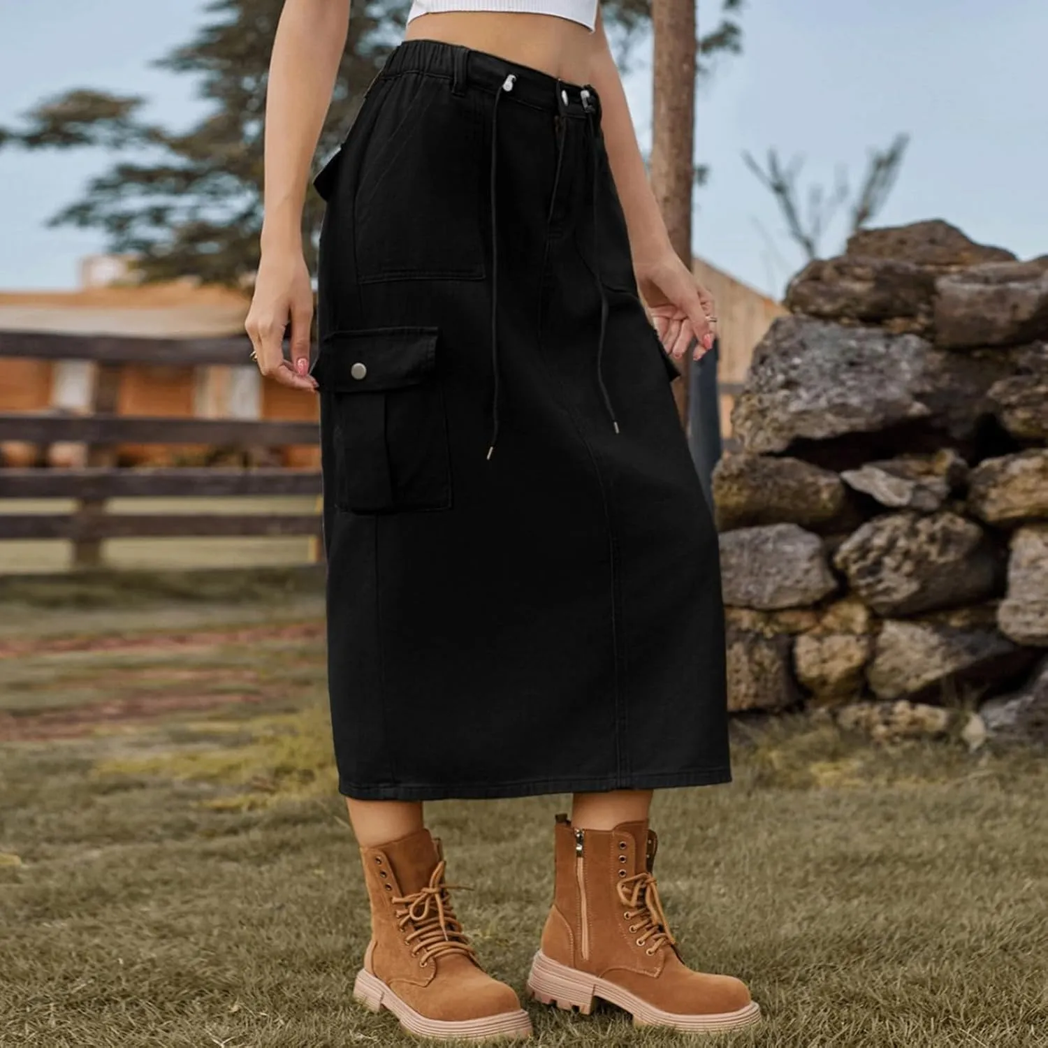 Denim Skirt for Women Cargo Drawstring Elastic Midi High Waisted Jean Skirt Vintage Y2K Retro Cute Summer Outfit