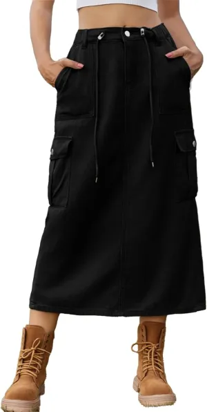 Denim Skirt for Women Cargo Drawstring Elastic Midi High Waisted Jean Skirt Vintage Y2K Retro Cute Summer Outfit