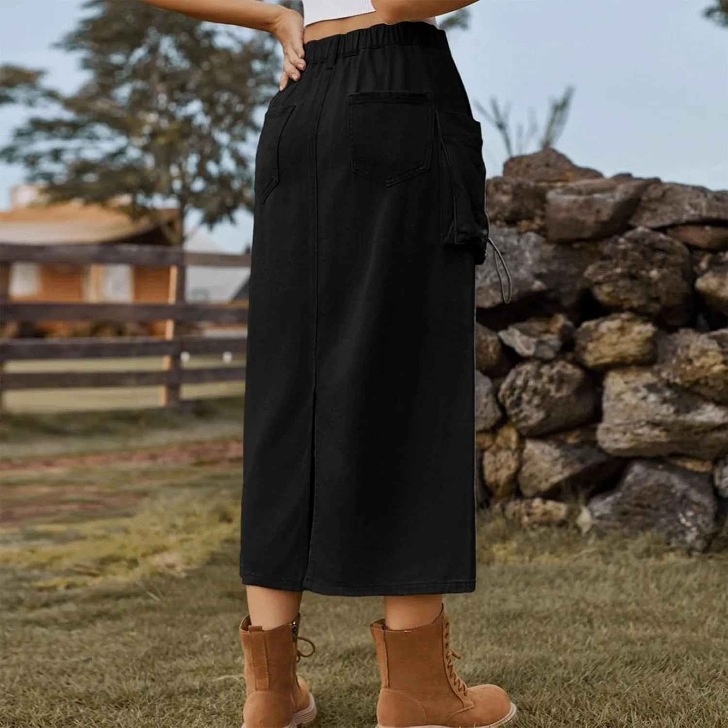 Denim Skirt for Women Cargo Drawstring Elastic Midi High Waisted Jean Skirt Vintage Y2K Retro Cute Summer Outfit