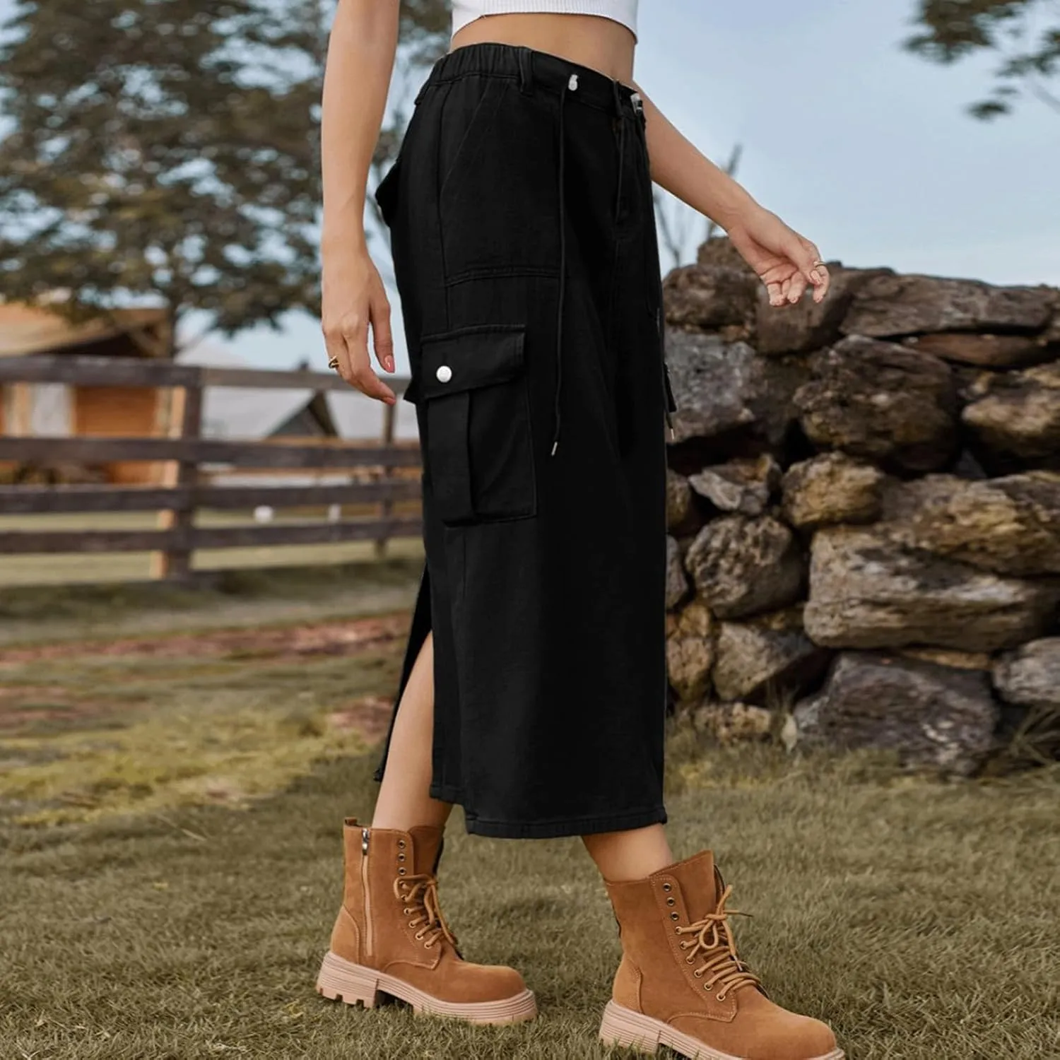 Denim Skirt for Women Cargo Drawstring Elastic Midi High Waisted Jean Skirt Vintage Y2K Retro Cute Summer Outfit