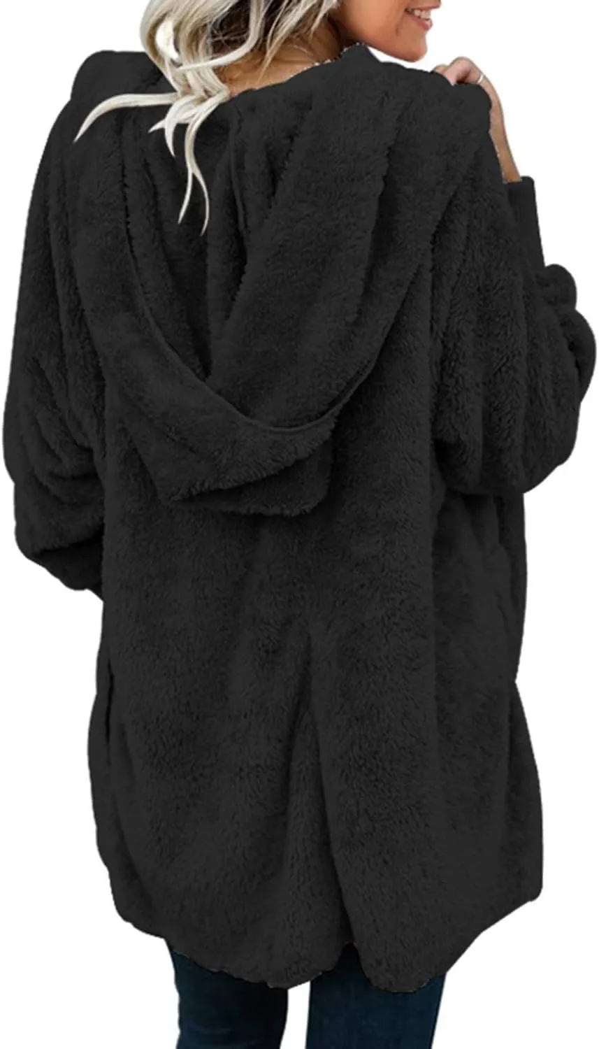 Dokotoo Womens 2024 Winter Long Sleeve Solid Fuzzy Fleece Open Front Hooded Cardigans Jacket Coats Outerwear with Pocket