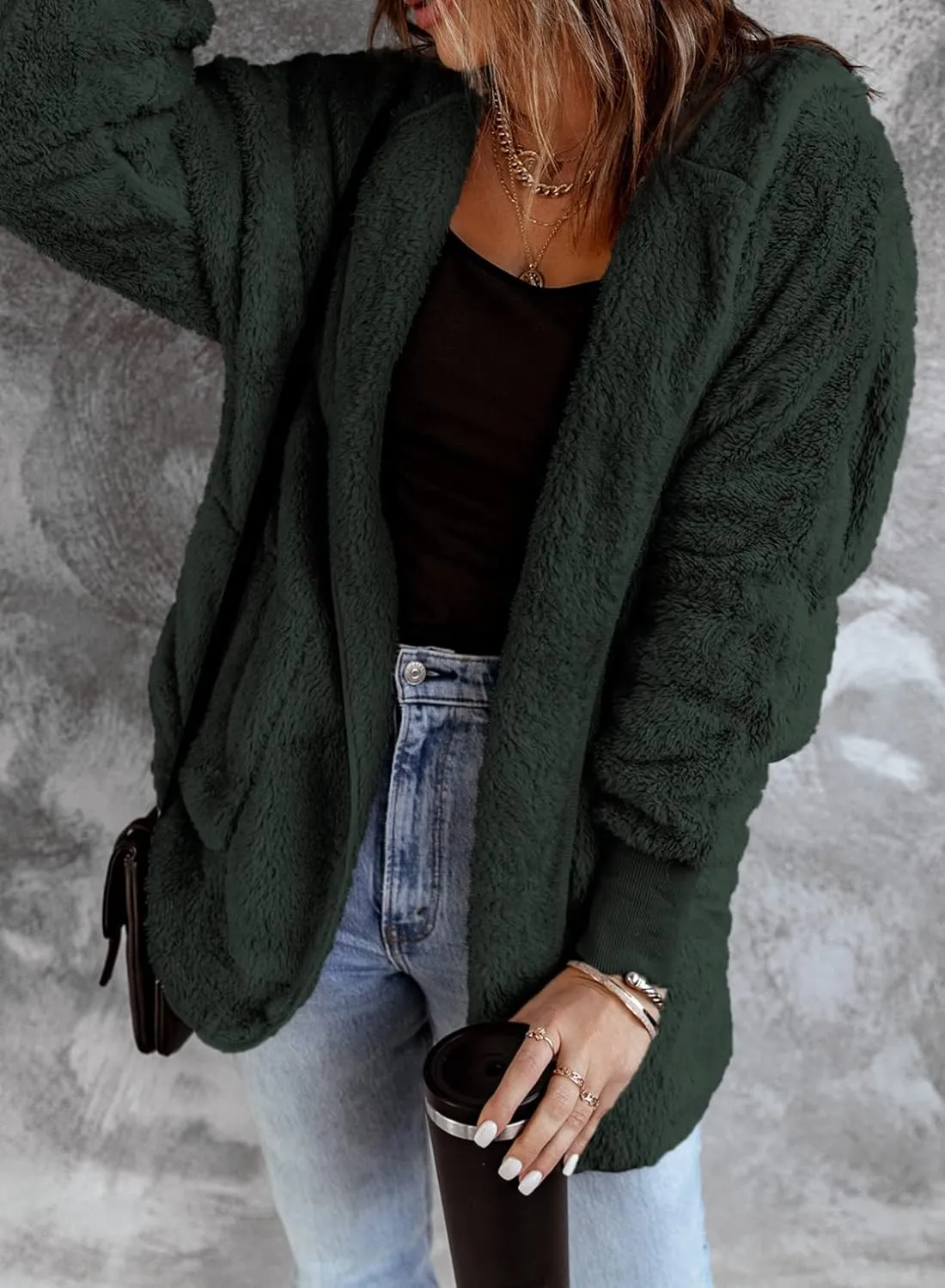 Dokotoo Womens 2024 Winter Long Sleeve Solid Fuzzy Fleece Open Front Hooded Cardigans Jacket Coats Outerwear with Pocket