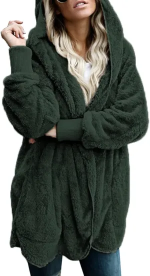 Dokotoo Womens 2024 Winter Long Sleeve Solid Fuzzy Fleece Open Front Hooded Cardigans Jacket Coats Outerwear with Pocket