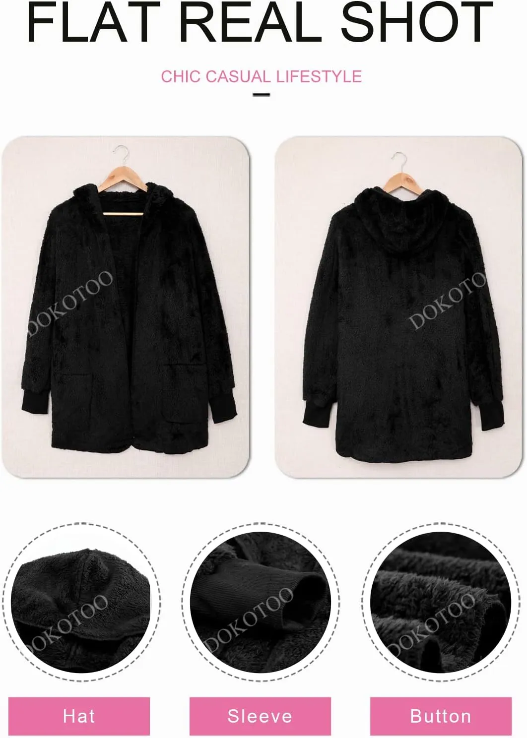 Dokotoo Womens 2024 Winter Long Sleeve Solid Fuzzy Fleece Open Front Hooded Cardigans Jacket Coats Outerwear with Pocket