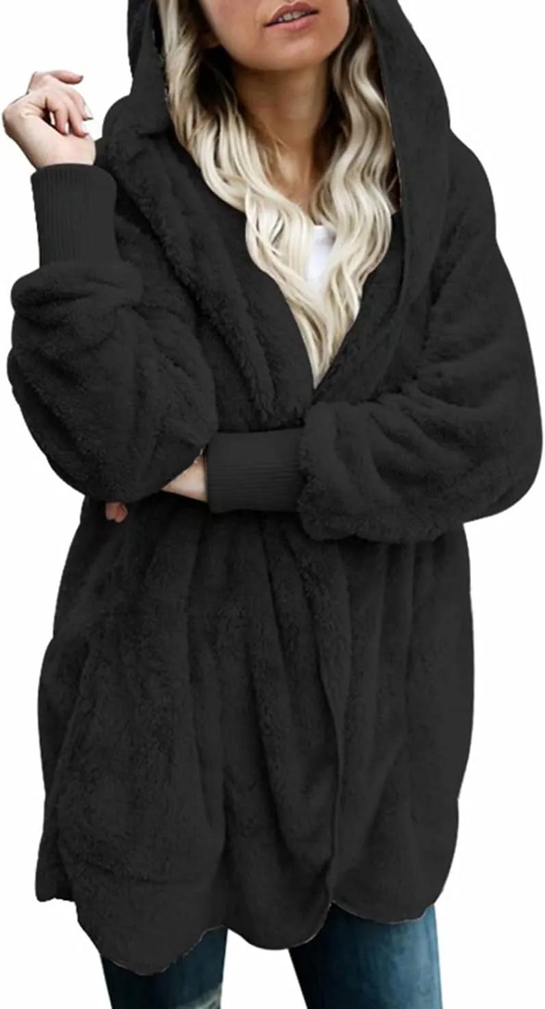 Dokotoo Womens 2024 Winter Long Sleeve Solid Fuzzy Fleece Open Front Hooded Cardigans Jacket Coats Outerwear with Pocket