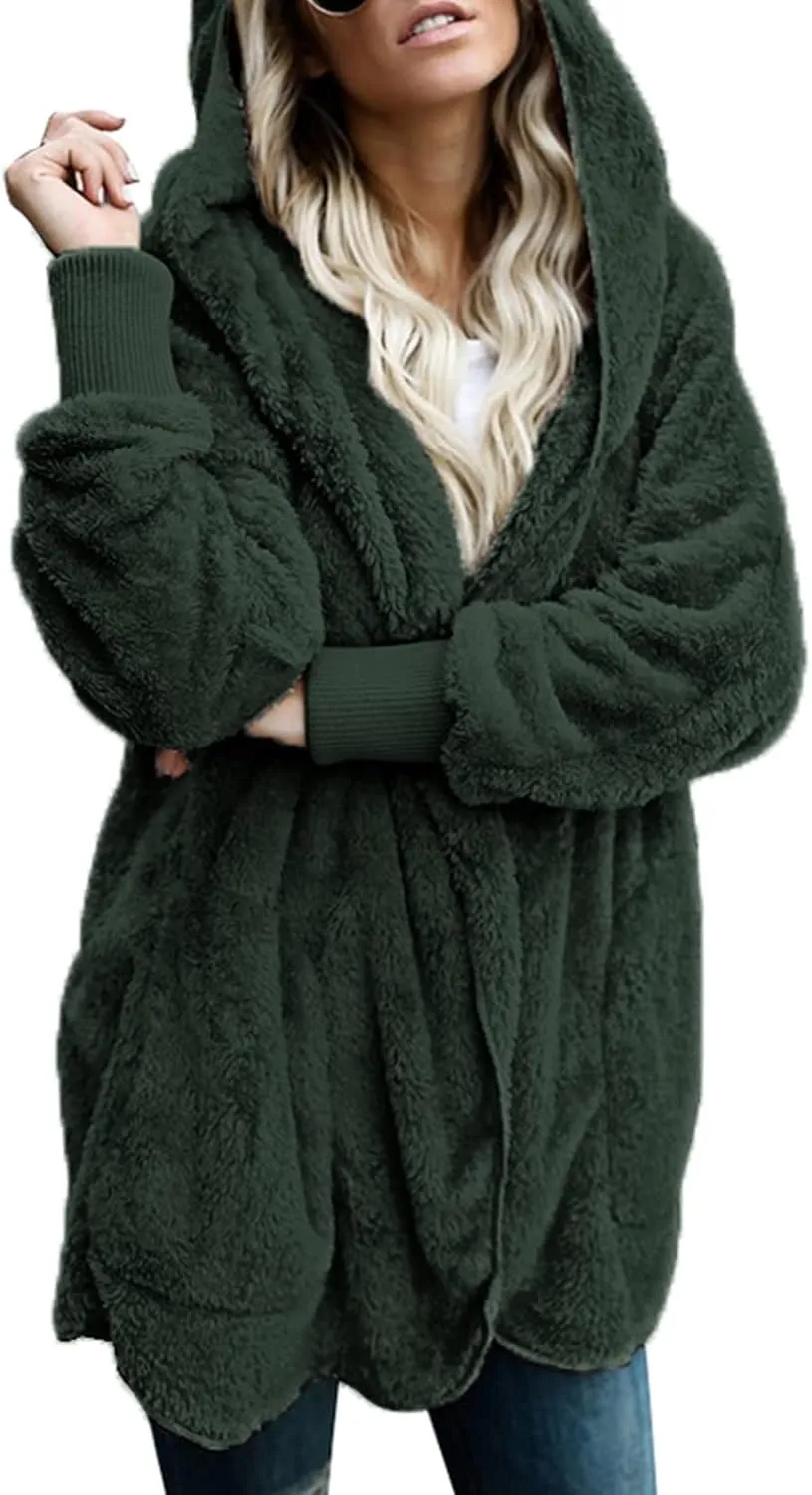 Dokotoo Womens 2024 Winter Long Sleeve Solid Fuzzy Fleece Open Front Hooded Cardigans Jacket Coats Outerwear with Pocket