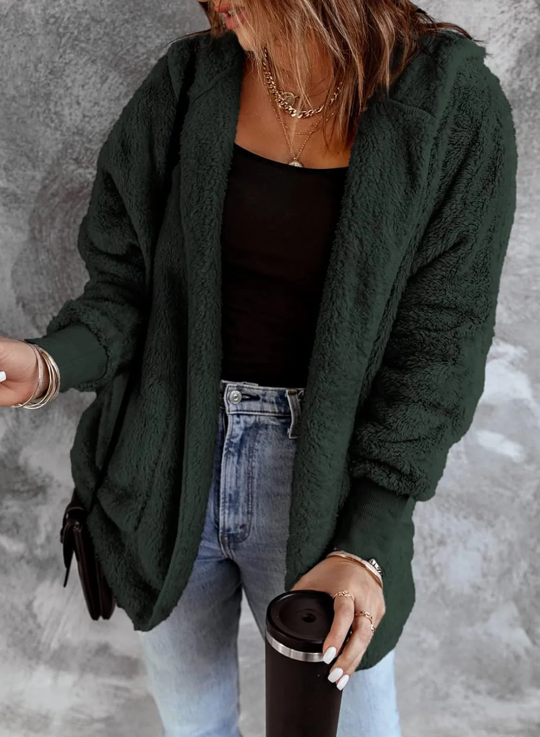 Dokotoo Womens 2024 Winter Long Sleeve Solid Fuzzy Fleece Open Front Hooded Cardigans Jacket Coats Outerwear with Pocket