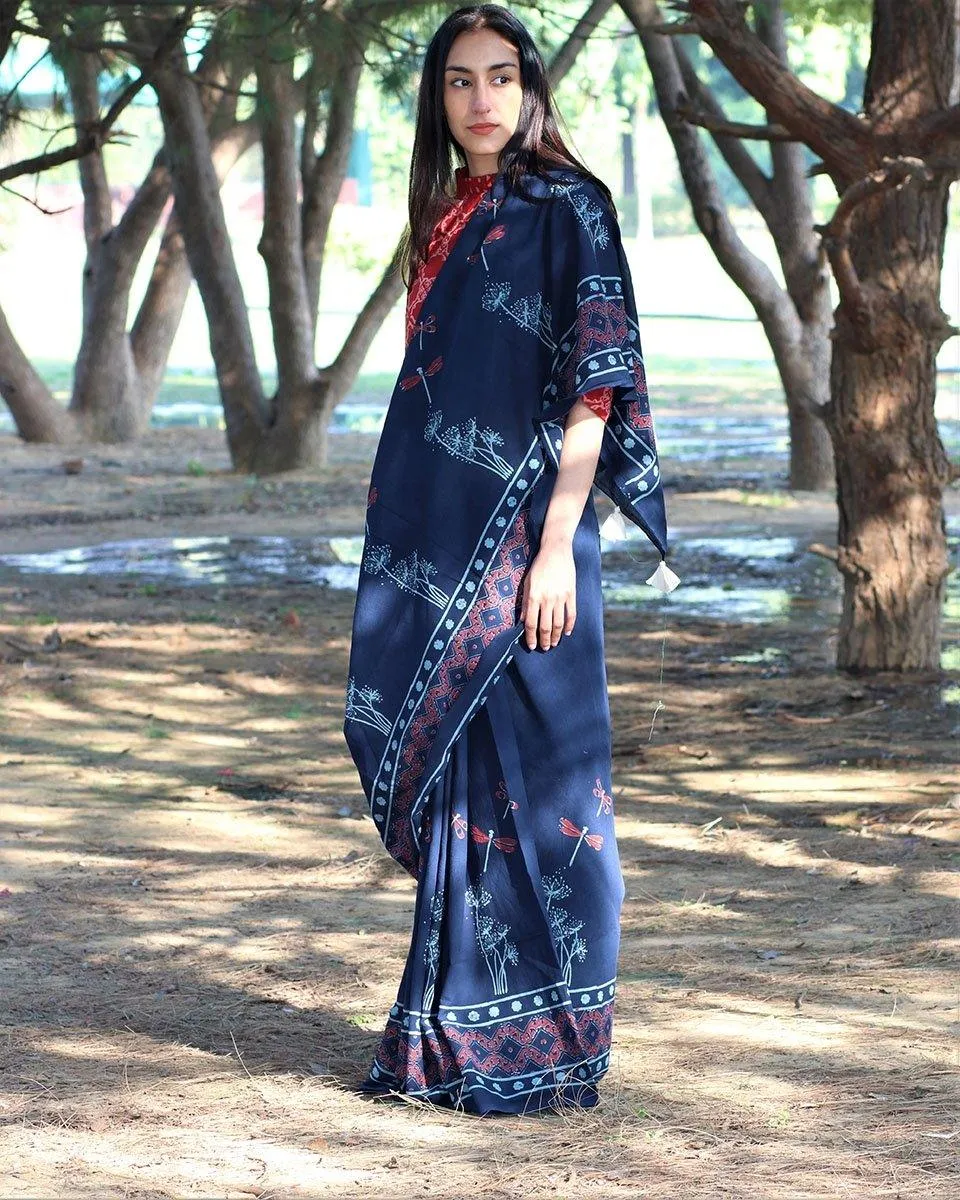 Dragonfly Glory Handblockprinted Mulmul Cotton Saree
