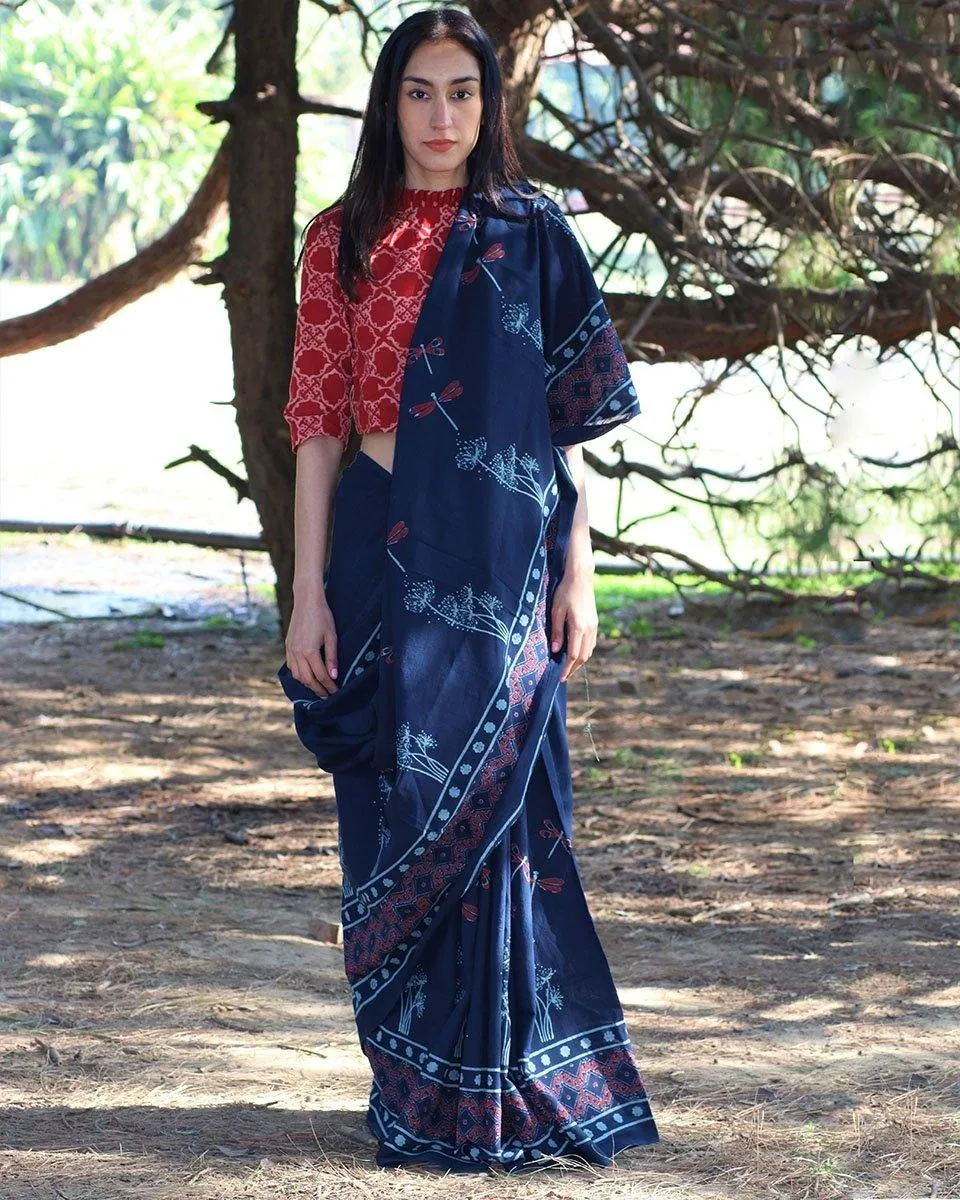 Dragonfly Glory Handblockprinted Mulmul Cotton Saree