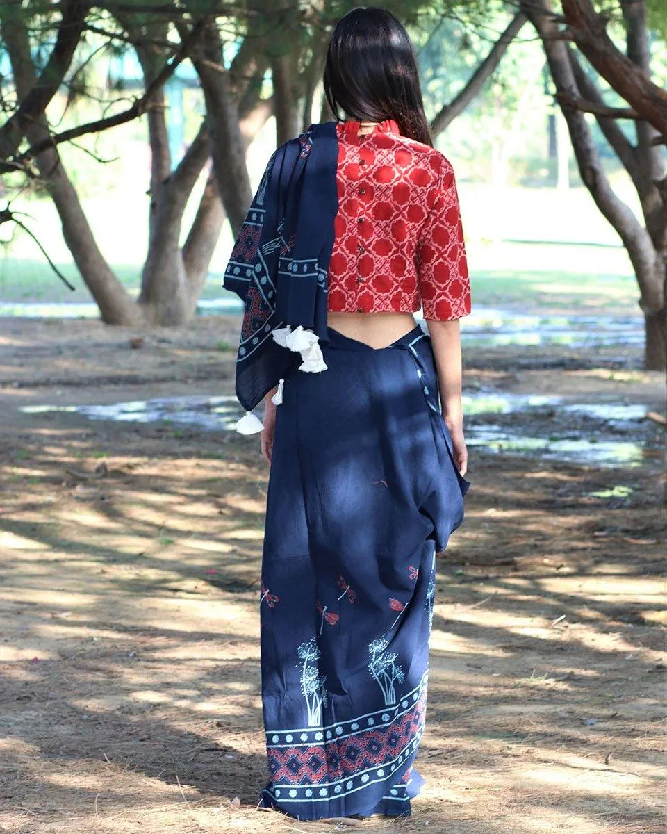 Dragonfly Glory Handblockprinted Mulmul Cotton Saree