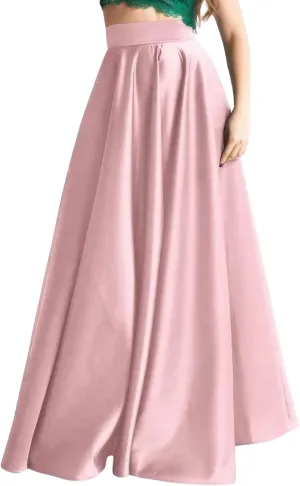ebossy Women's Elegant High Waist Satin Flared Long Skirt Silk Dressy Full Length Party Prom A-Line Maxi Skirt