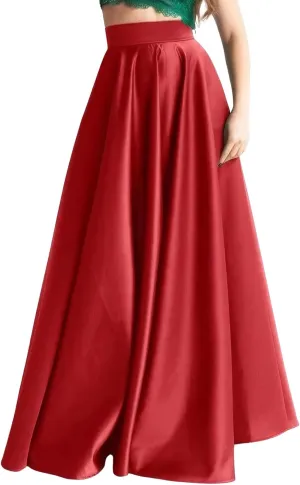 ebossy Women's Elegant High Waist Satin Flared Long Skirt Silk Dressy Full Length Party Prom A-Line Maxi Skirt
