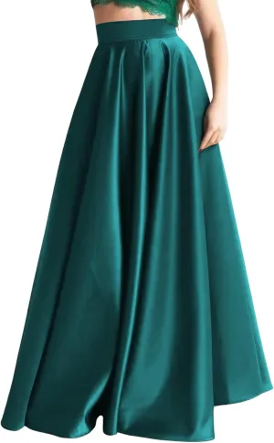 ebossy Women's Elegant High Waist Satin Flared Long Skirt Silk Dressy Full Length Party Prom A-Line Maxi Skirt