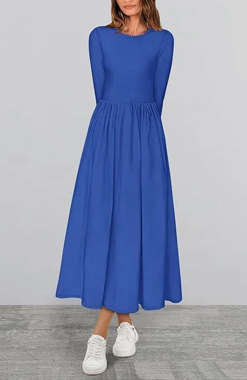 Elegant Women's Long Sleeve Midi Dresses for Wedding Guest Patchwork Solid Ribbed Knit Top Casual Flowy Swing Dress Pockets