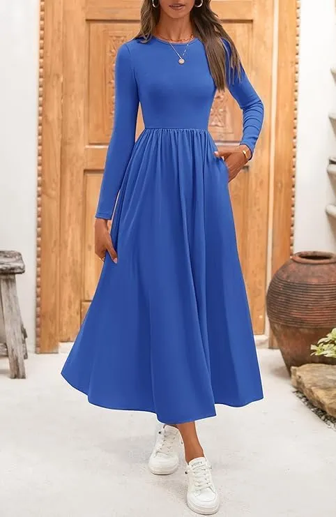 Elegant Women's Long Sleeve Midi Dresses for Wedding Guest Patchwork Solid Ribbed Knit Top Casual Flowy Swing Dress Pockets