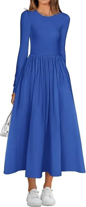 Elegant Women's Long Sleeve Midi Dresses for Wedding Guest Patchwork Solid Ribbed Knit Top Casual Flowy Swing Dress Pockets