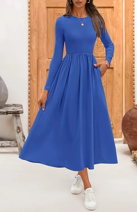Elegant Women's Long Sleeve Midi Dresses for Wedding Guest Patchwork Solid Ribbed Knit Top Casual Flowy Swing Dress Pockets