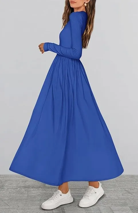 Elegant Women's Long Sleeve Midi Dresses for Wedding Guest Patchwork Solid Ribbed Knit Top Casual Flowy Swing Dress Pockets