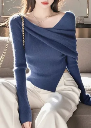 French Blue Slash Neck Asymmetrical Knit Sweaters Spring TO016
