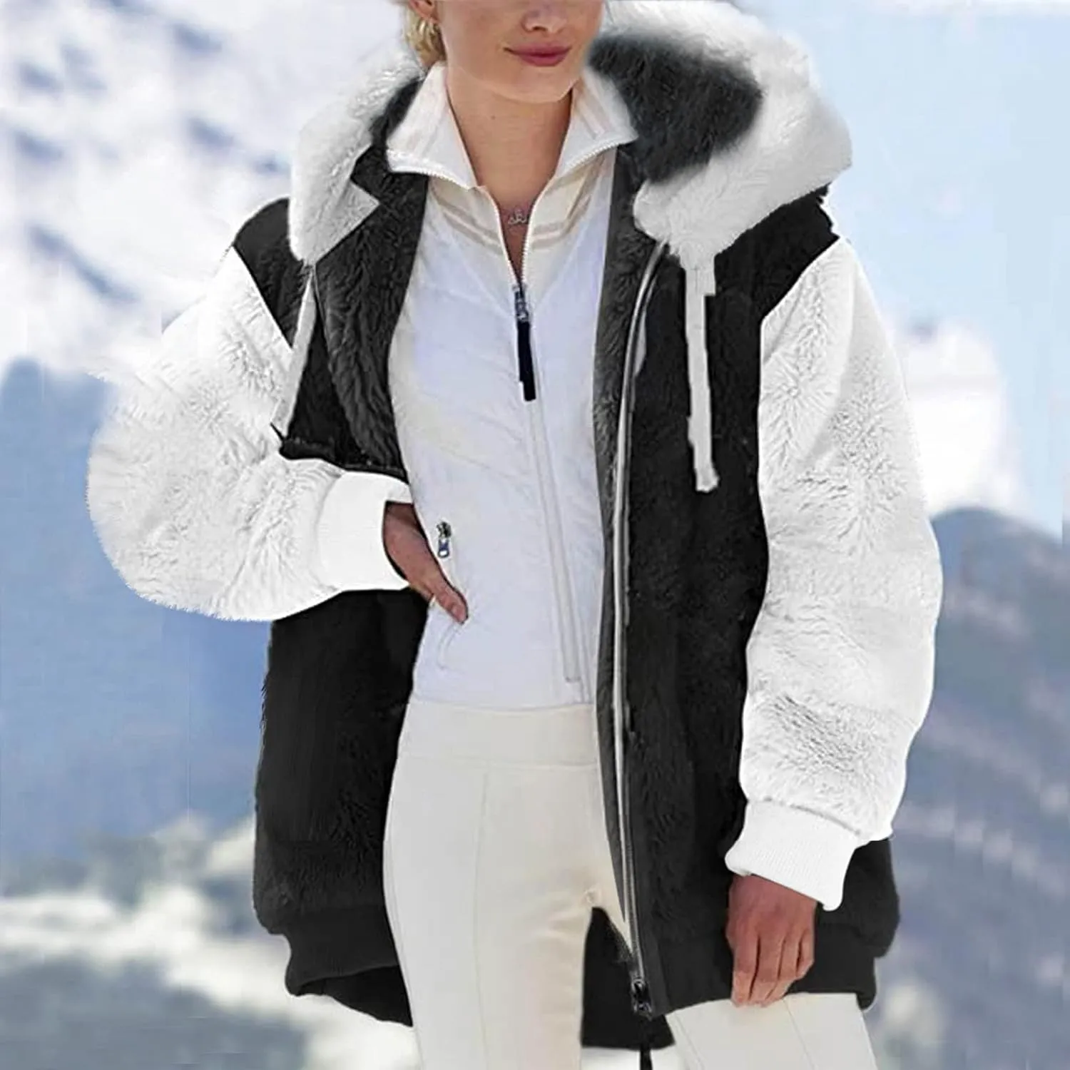 Fuzzy Fleece Jacket Women Plus Size Warm Winter Coats Fluffy Sherpa Hoodie Zip up Casual Cardigan Sweater Outerwear