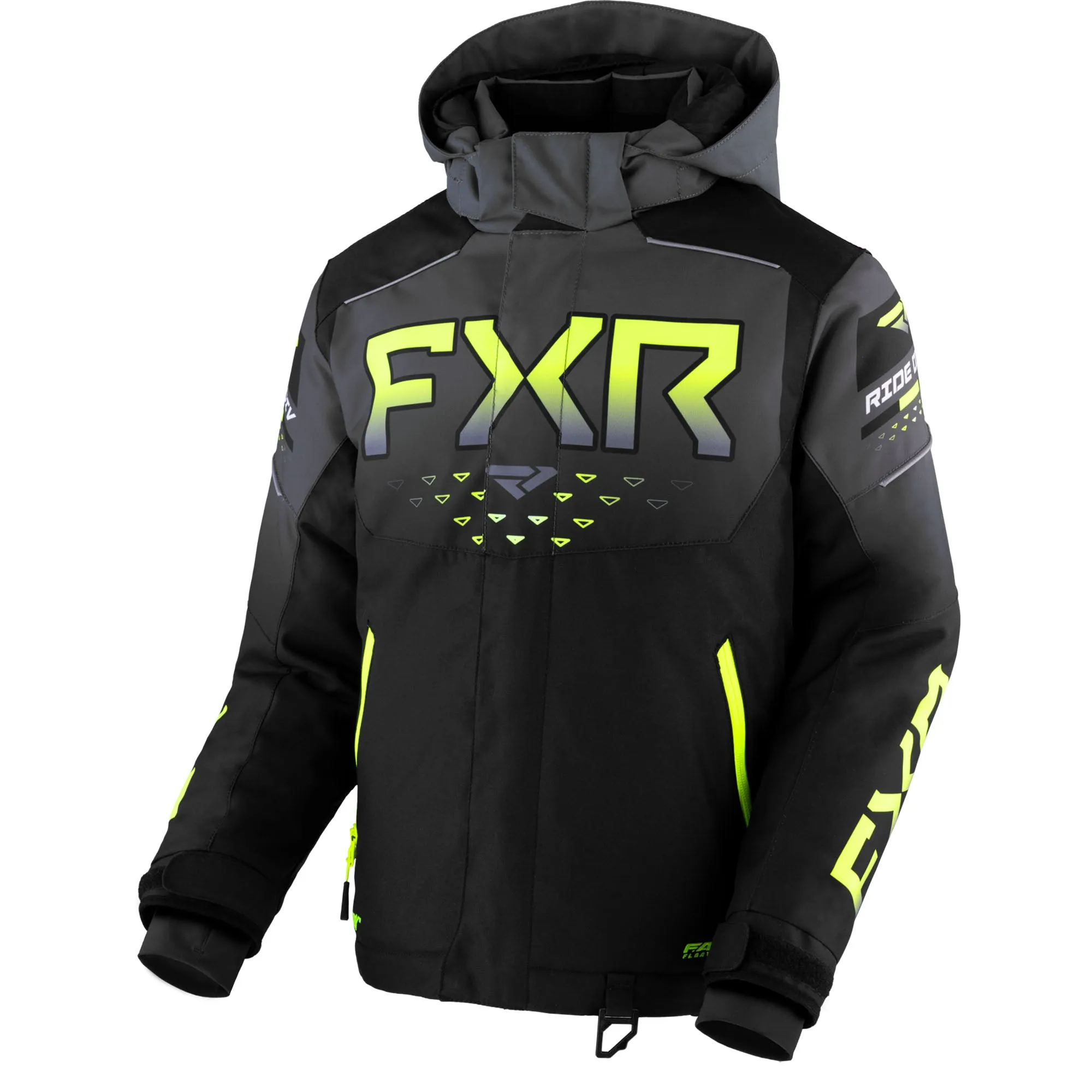 FXR Child Helium Snowmobile Jacket Black/Charcoal Fade/HiVis Grey